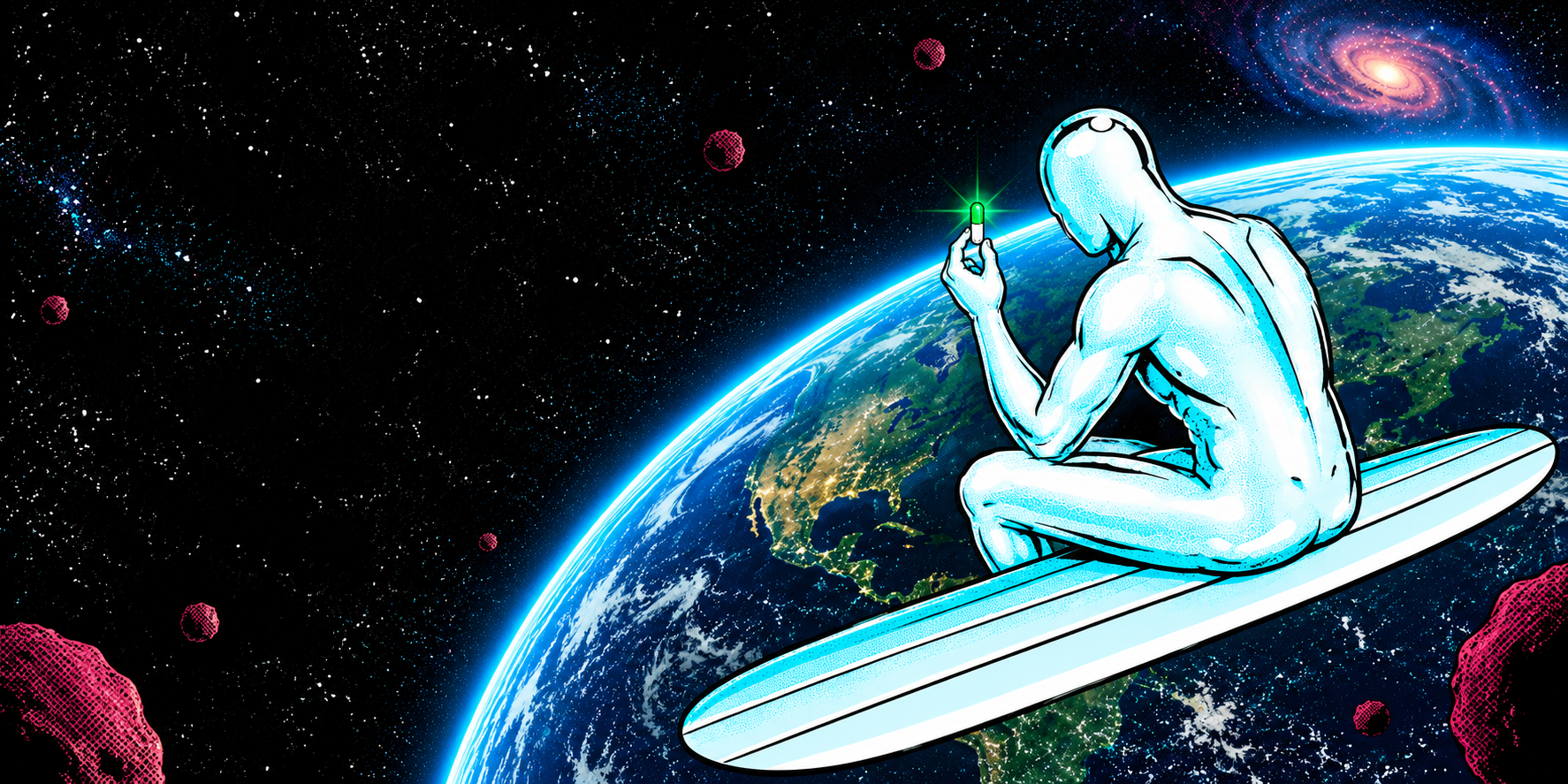 Cosmic figure riding a capsule above Earth